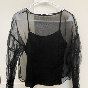 Amanda Uprichard Black Long Sleeve Organza Top